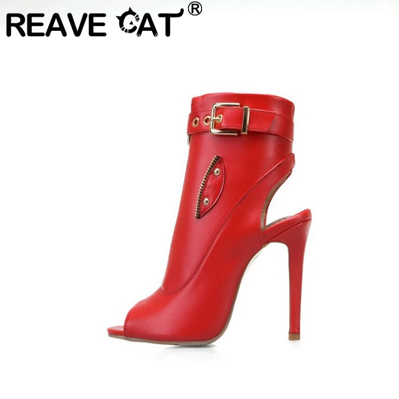 REAVE CAT Summer Sandals Zipper Ankle Boots For Women 11cm Stiletto High Heels Shoes Peep Toe Zipper Ladies Big Size 34-50 F1505