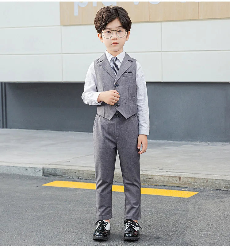 Boy Top Ring Bearer Waistcoat Clothes Set Kids Formal Suits Child Tie Long Sleeve Shirt Vest Trousers Toddler Gentleman Outfits