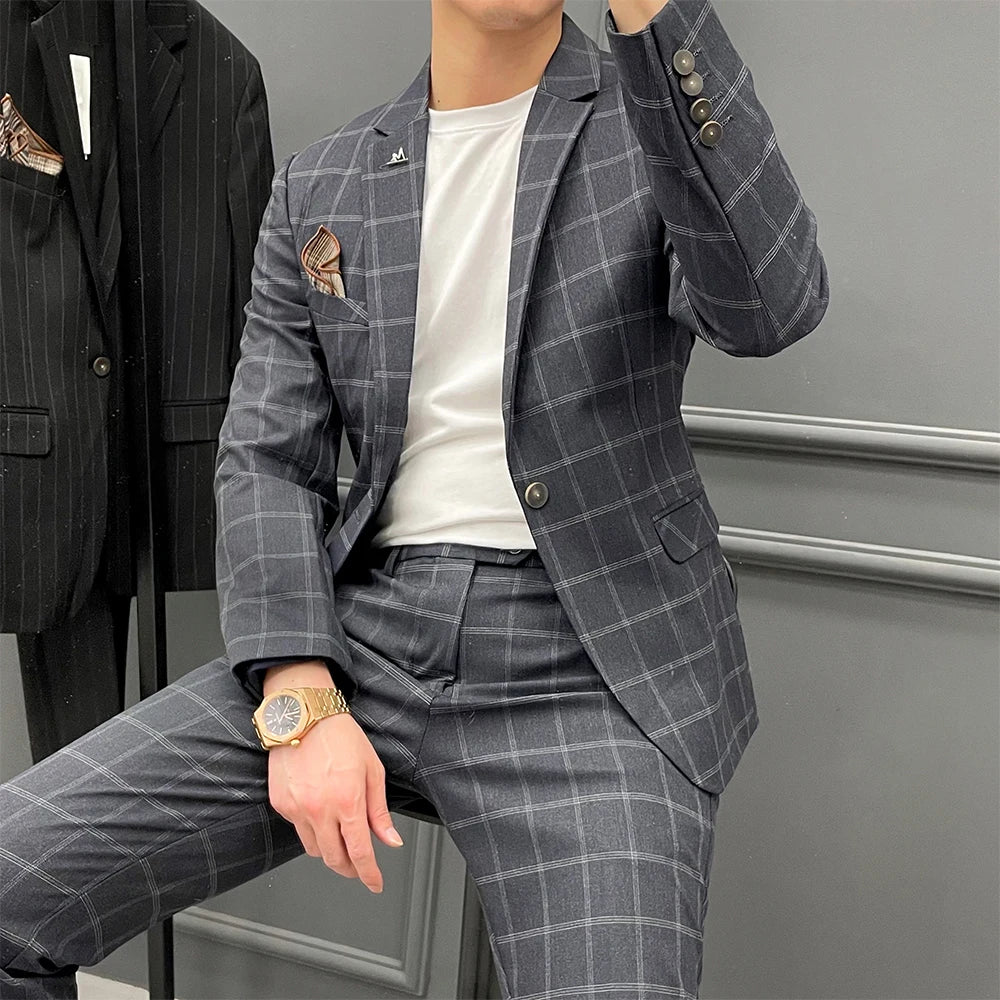 ( Jacket + Pants ) High-end Brand Boutique Lattice Fashion Slim Mens Formal Business Suit 2pces Set Groom Wedding Dress