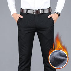 Men's Warm Casual Pants Business Fashion Fleece Thick Plaid Trousers