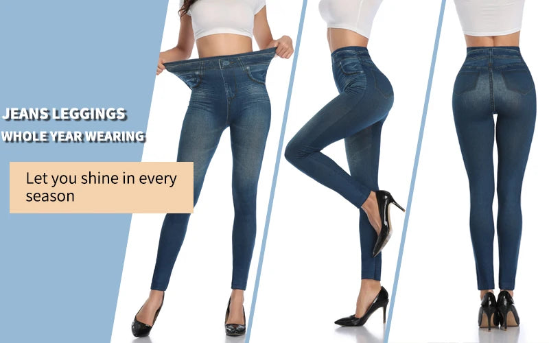 Push Up Seamless High Waist Faux Denim Leggings Women Casual Elastic Pocket Jeans