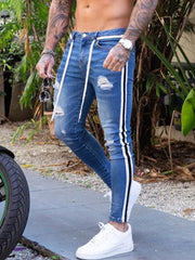 Men's Ripped Pencil Pants Men Skinny Denim Biker Side Striped Jeans