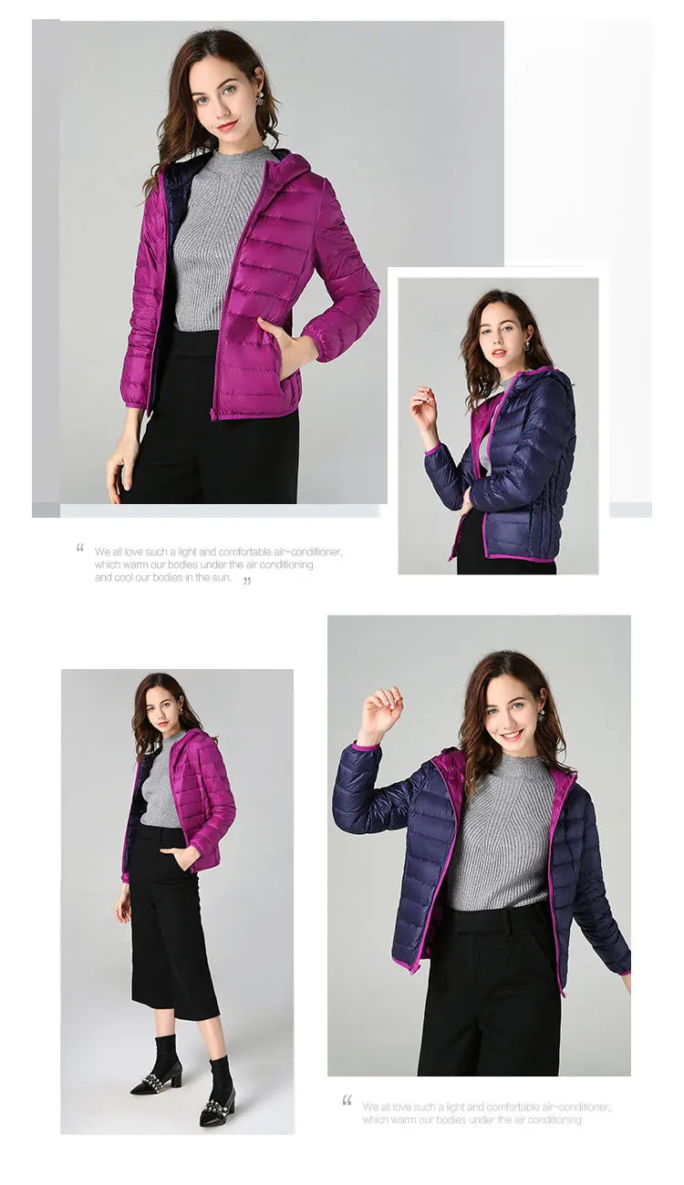 Women Ultra Light 90% Duck Down Jacket Hooded Jackets Long Sleeve Double