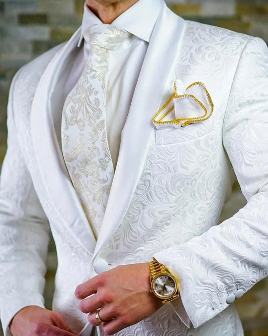 Wedding Blazer Men Suits Single Breasted Shawl Lapel White Jacquard Fabric Two Piece Jacket Pants