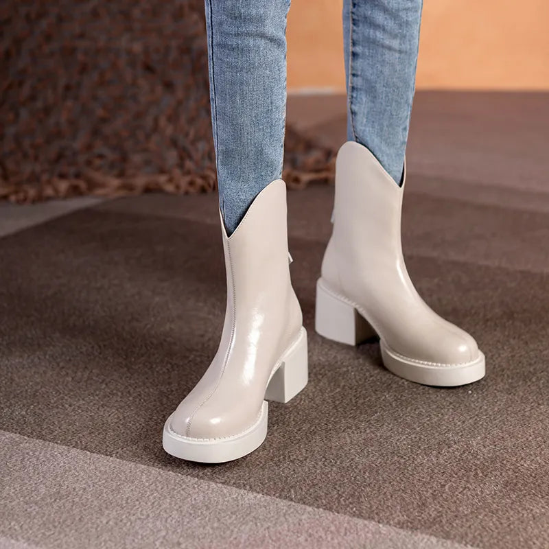 Women Boots Women Shoes Round Toe Square Heel Real Wool Thick Heel Short Boots