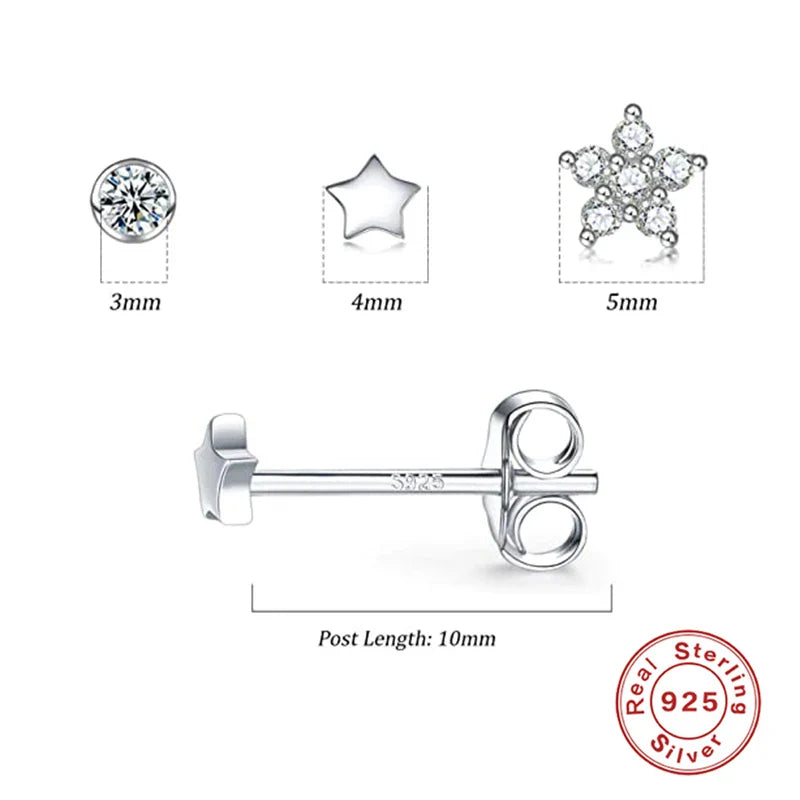 CANNER 3pcs/set Bling Zircon Earring 925 Sterling Silver Cute Mini Heart Star Stud Earrings Ear Bone Earlobe Piercing Jewerly