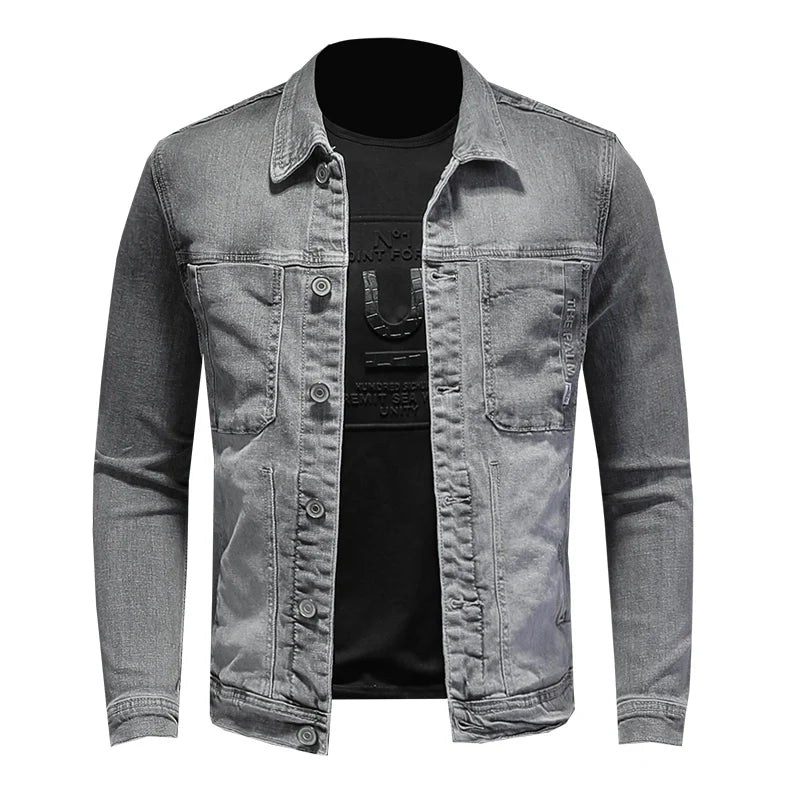 Fashion Denim Jacket Men Cotton Turn Down Collar Casual Mens Denim Coat