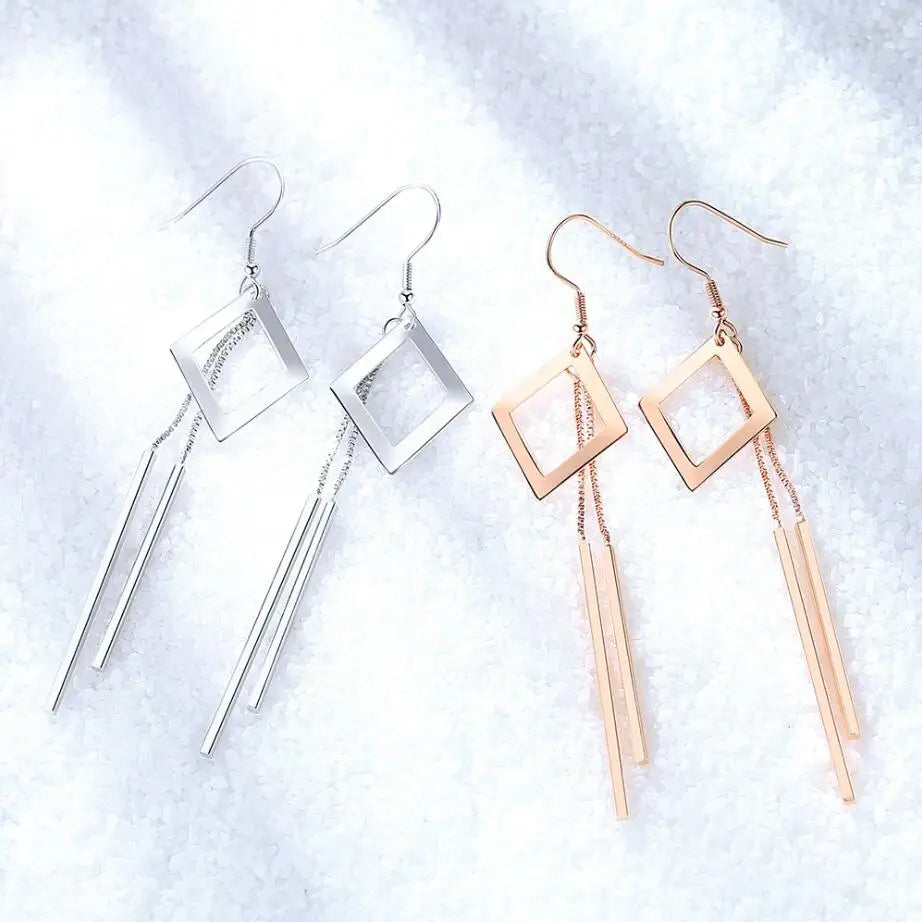 KOFSAC New Trendy Rose Gold 925 Silver Earrings For Women Geometric Hollow Square Long Tassel Earring Female Holiday Jewelry