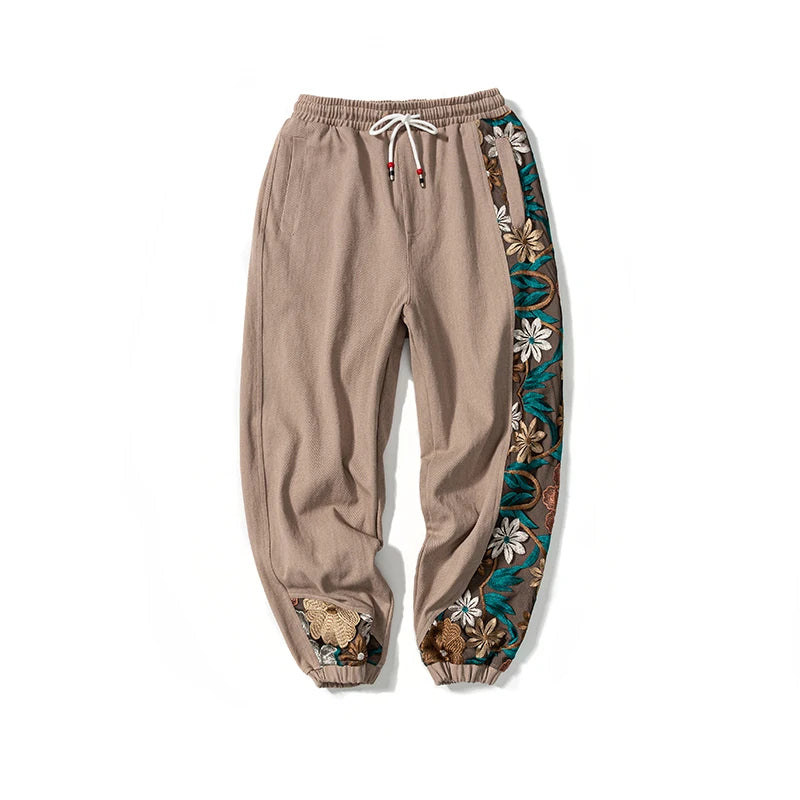 Spring Autumn Fashion Plus Size Casual Pants Men Clothing Embroidery Patchwork