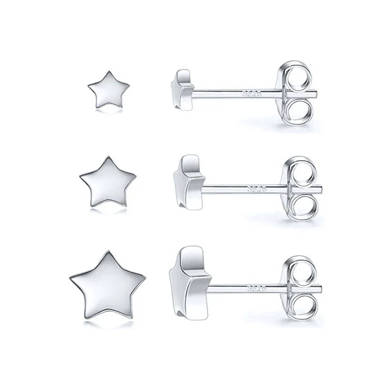 CANNER 3pcs/set Bling Zircon Earring 925 Sterling Silver Cute Mini Heart Star Stud Earrings Ear Bone Earlobe Piercing Jewerly
