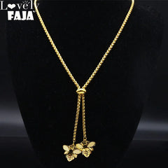 Fashion Bee Stainless Steel Long Necklace for Women Gold Color Statement Necklace