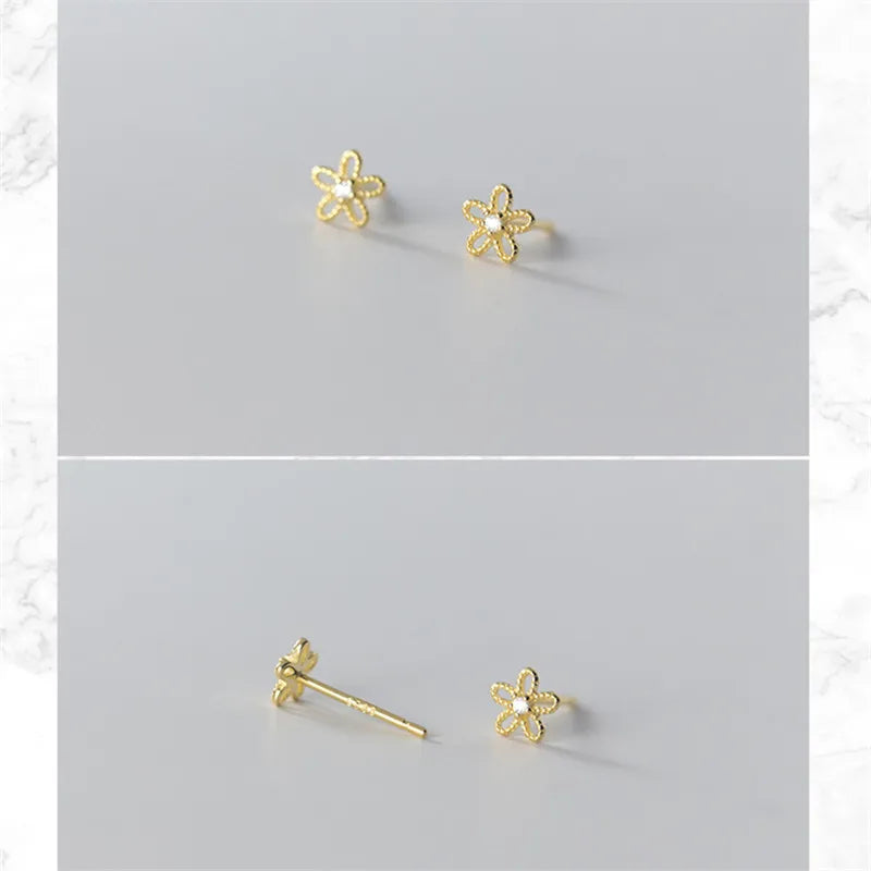WANTME Real 100% 925 Sterling Silver Cute Sweet Hollow Mini Small Flower Geometric Stud Earrings for Women Korean Fine Jewelry