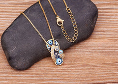 Pave CZ Rhinestone Enamel Slipper Pendant For Women Blue Evil Eye Necklace