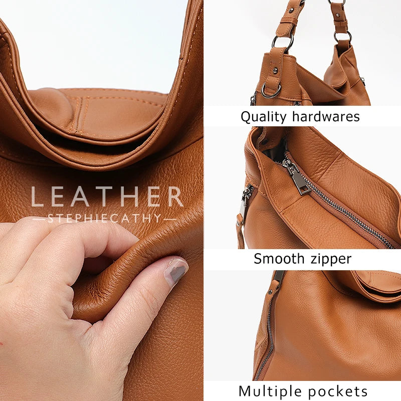 Leather Women Shoulder Bag Lady Cowhide Multi Pockets Casual Soft Hobo