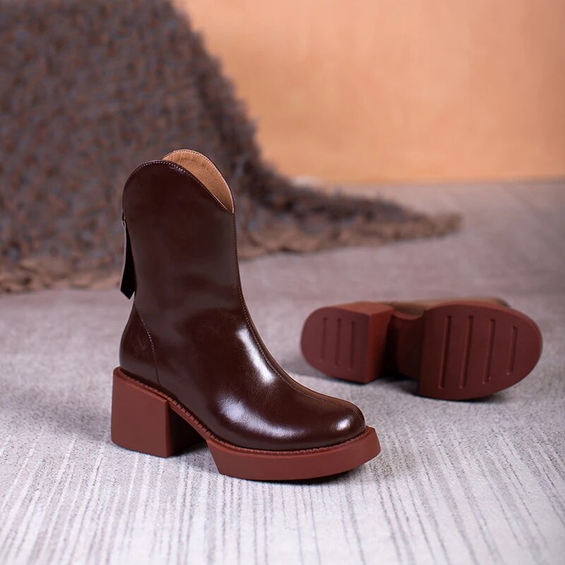 Women Boots Women Shoes Round Toe Square Heel Real Wool Thick Heel Short Boots