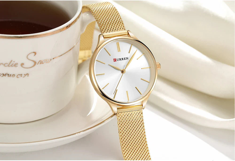 CURREN Original Women's Luxury Watch Matte Dial Japanese Quartz Movement Stainless Steel Mesh Strap with Box