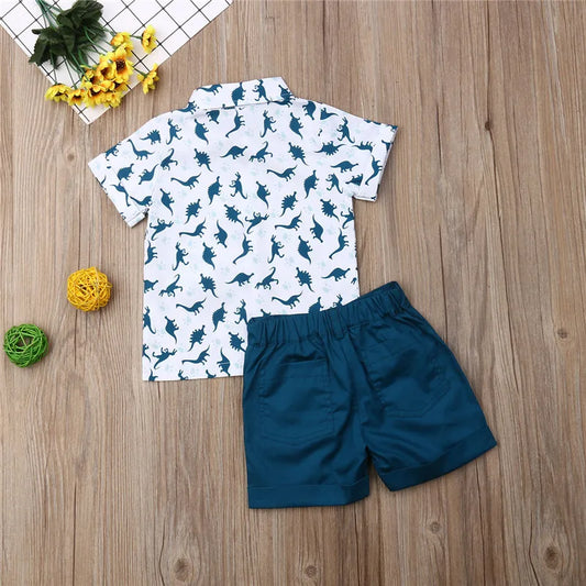 1-6 Years Baby Boys Clothes Set Short Sleeve Dinosaur Print Shirt Boys Tops Dragon Blue Shorts Pants Boys Outfits Children Suits