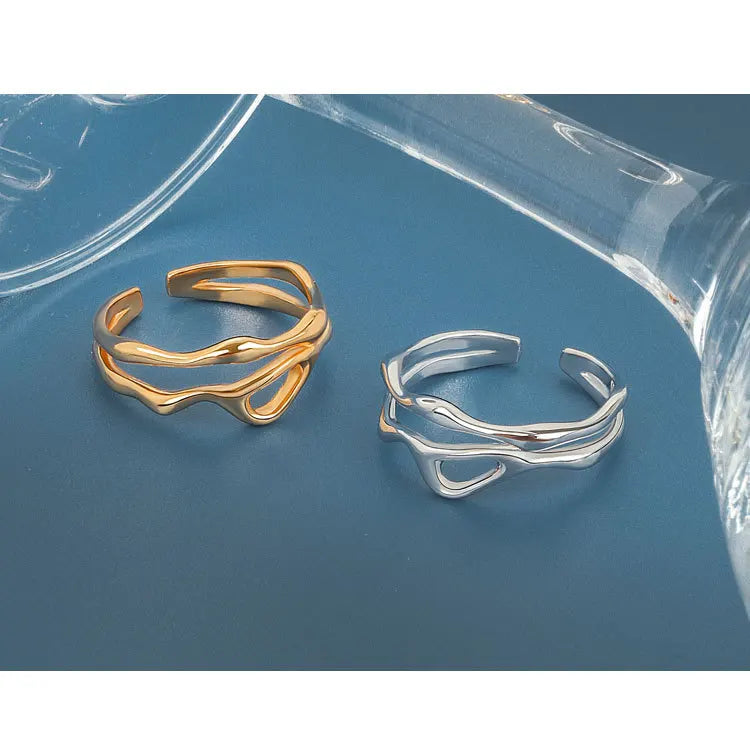 Silver Color Irregular Hollow Double Line Geometric Ring Female Simple  Unique Design