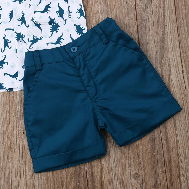1-6 Years Baby Boys Clothes Set Short Sleeve Dinosaur Print Shirt Boys Tops Dragon Blue Shorts Pants Boys Outfits Children Suits