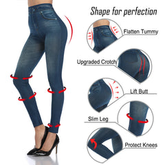 Push Up Seamless High Waist Faux Denim Leggings Women Casual Elastic Pocket Jeans