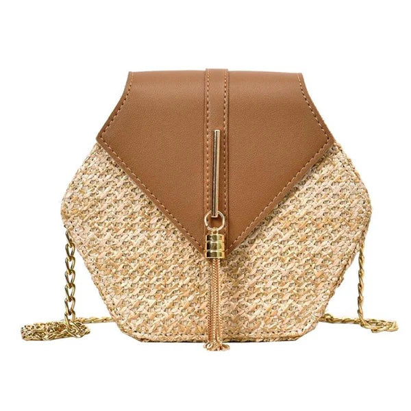 Straw+leather Handbag Women Summer Rattan Bag Handmade