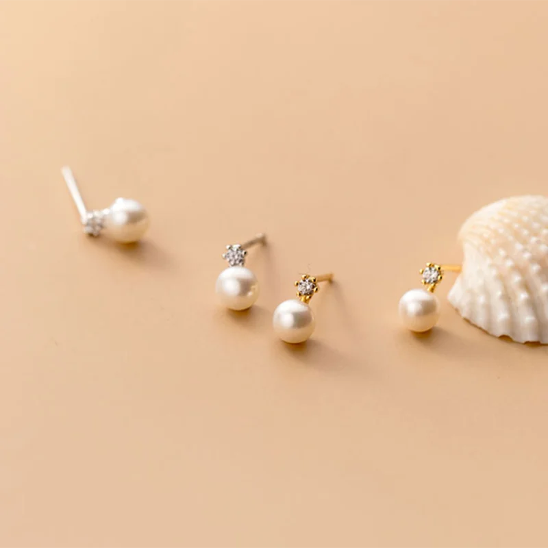 WANTME Genuine 925 Sterling Silver Geometric Zircon Pearl Mini Small Stud Earrings for Women Chic Charming Korean Jewelry 2021