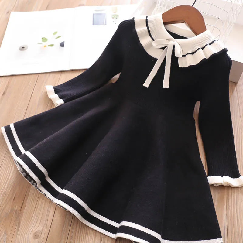 Children warm Sweater dress for girls infant casual pure color Pleated princess