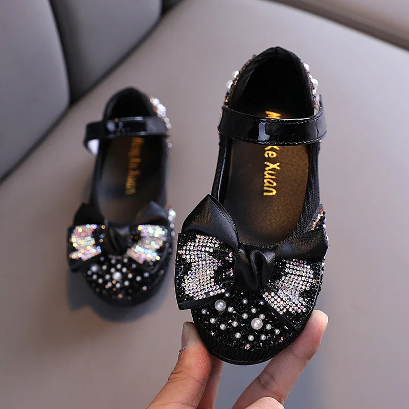 Children Leather Shoes Rhinestone Bow Princess Girls Party Dance Shoes Baby Student