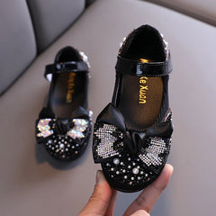 Children Leather Shoes Rhinestone Bow Princess Girls Party Dance Shoes Baby Student Flats Kids Performance Shoes D785