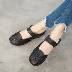 Hollow Genuine Leather Breathable Soft Flat Sandals Summer Women Shoes