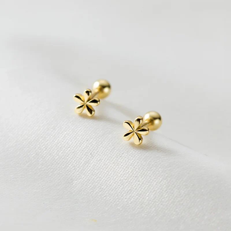 WANTME 925 Sterling Silver Fashion Simple Golden Flower Beads Small Stud Earrings for Women Teen Piercing Jewelry Accessories
