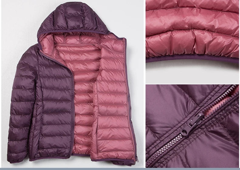 Women Ultra Light 90% Duck Down Jacket Hooded Jackets Long Sleeve Double