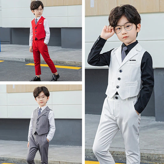 Boy Top Ring Bearer Waistcoat Clothes Set Kids Formal Suits Child Tie Long Sleeve Shirt Vest Trousers Toddler Gentleman Outfits