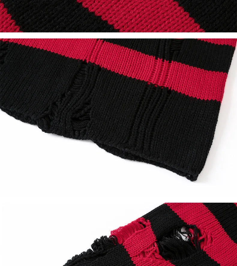 Black Stripe Sweaters Destroyed Ripped Sweater Men Pullover Hole Knit Jumpers Men