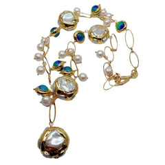 Blue Murano Glass  Freshwater Cultured White Keshi Pearl Gold Filled Chain