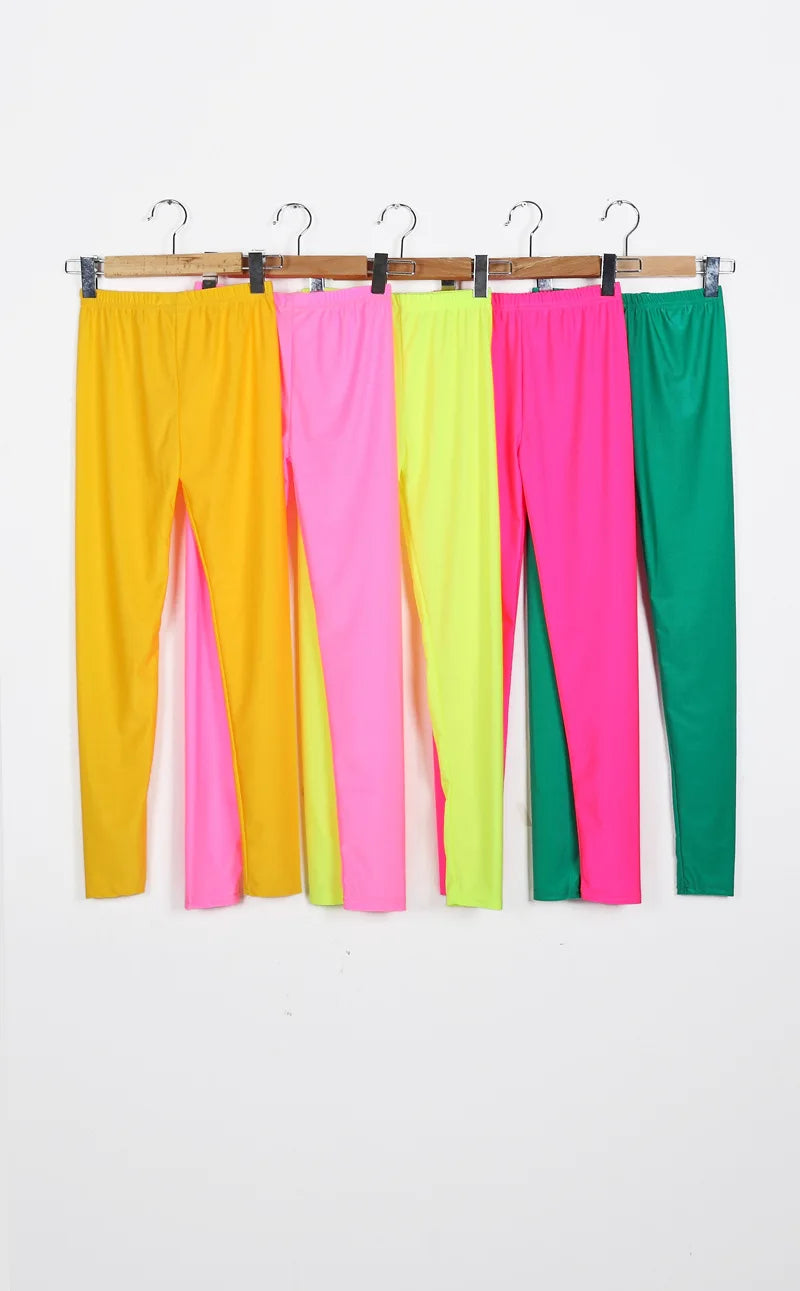 Women Shiny Pants Leggings Solid Color Fluorescent Spandex