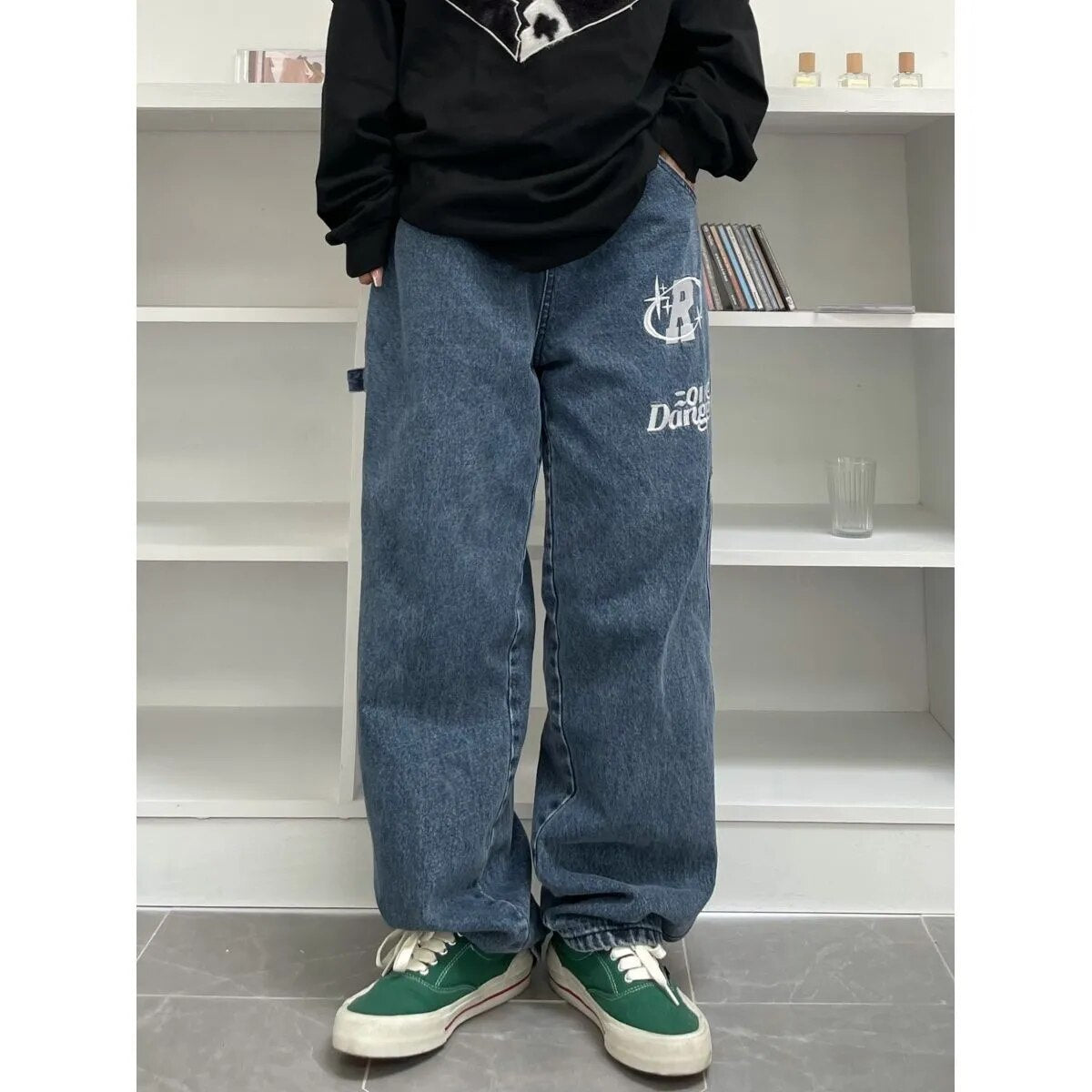 American street clothing pocket jeans female letteprint high waist casual pants