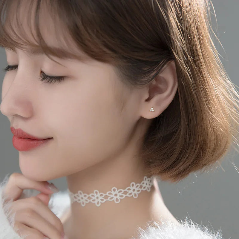WANTME Genuine 925 Sterling Silver Romantic Three Petal Flower Mini Cute Stud Earrings for Women Girl Charming Party Jewelry