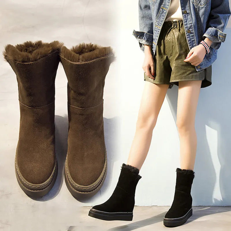Women's Snow Boots Genuine Leather Hidden Heel Ladies Boot Winter Plush Woman