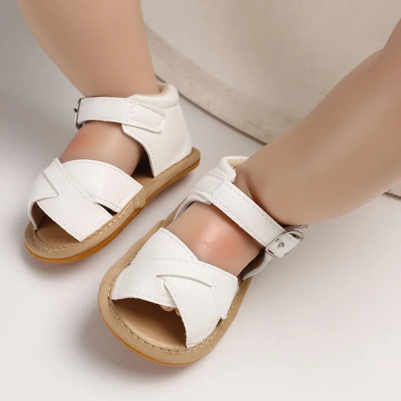 Baby Infant Girl Sandals Princess PU Pull Strap Flat Anti-Slip Rubber Sole