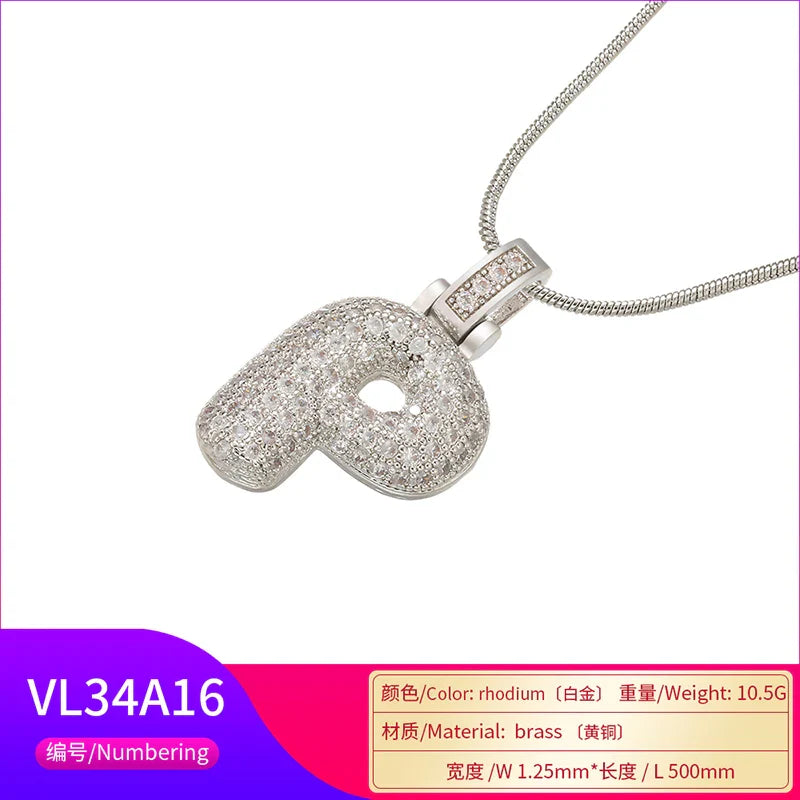 ZHUKOU 1.25x500mm Fat and lovely crystal brass silver color  letter necklace for women friends birthday gift model: VL34