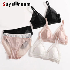 Bra Set 100%Real Silk and Lace Wire Free Comfort Bras and Panties
