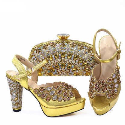 Gold High Heels Shoes And Purse Bag Set Woman