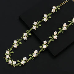 Personality White Floral Leaf Necklace Trendy Alloy Enamel Lily Valley Gold