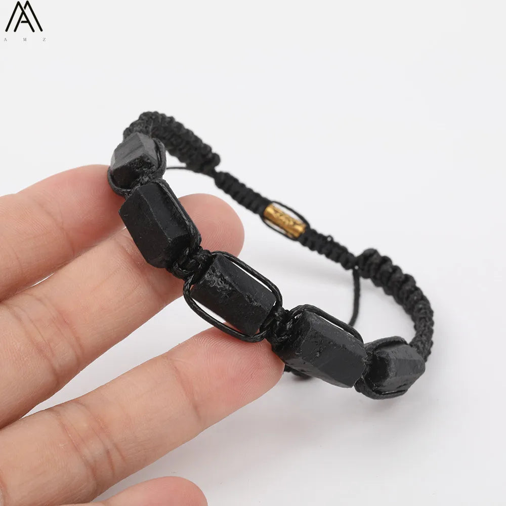 Natural Black Tourmaline Nugget Beads Knotted Handmade Woven Bracelet Women Stone Beads Braid Bracelet Adjustable N0456AMI
