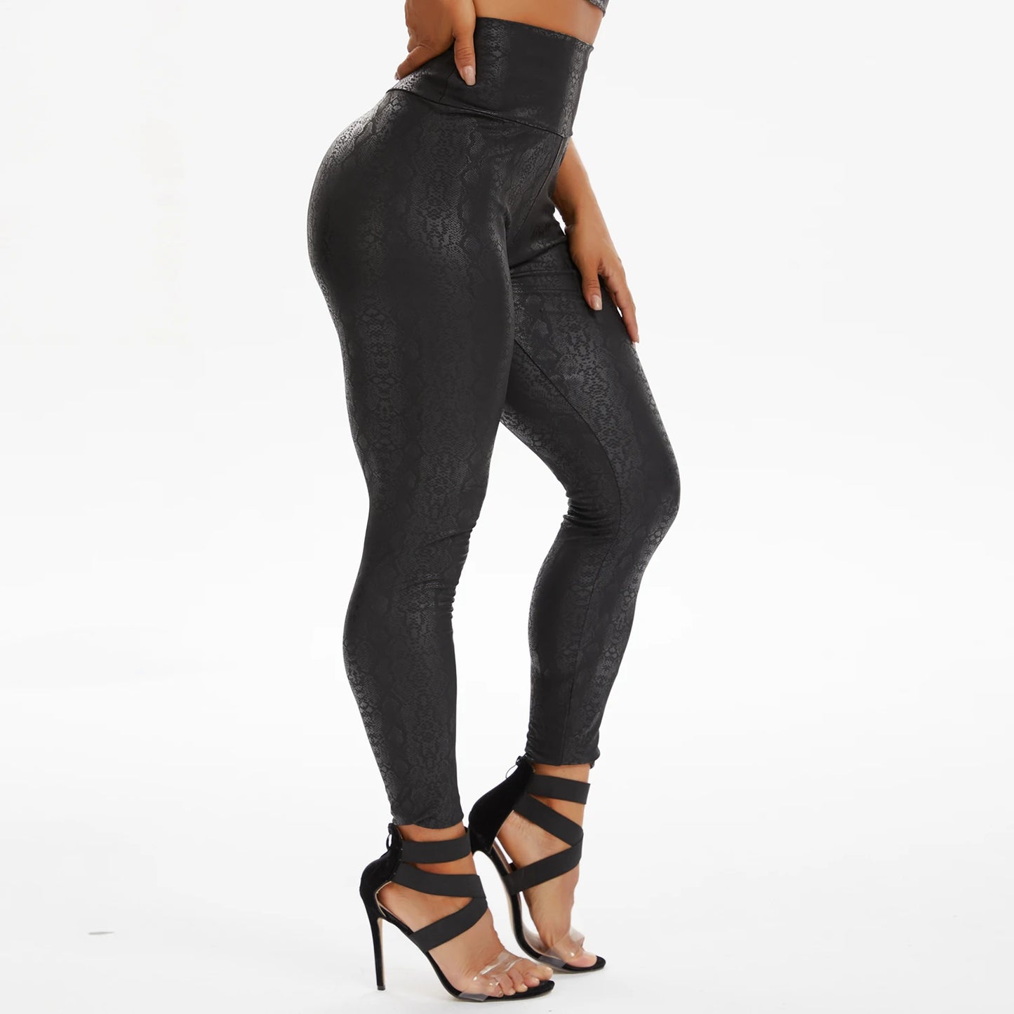 High Waist Leather Leggings for Women Leopard Snake Leather Trouser Black