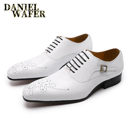 Luxury Brand Men Oxford Shoes Office Wedding Formal shoes White Black Brown Hand-polishing Lace up Pointed toe Leather Shoes Men