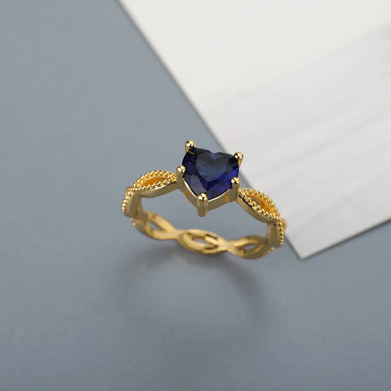 Blue Gem Heart Rings For Women Zirconia Silver Color Couple Heart Ring Party Gift