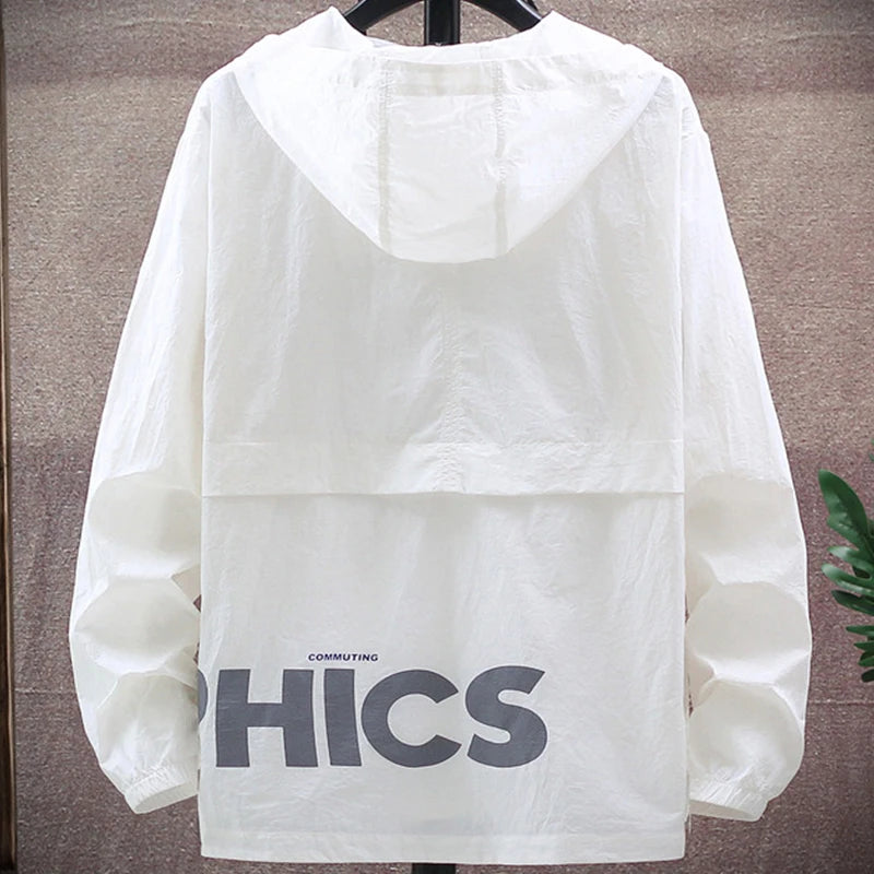 Summer UV Protection White Skin Coats Men Fashion Letter Print Hooded Casual