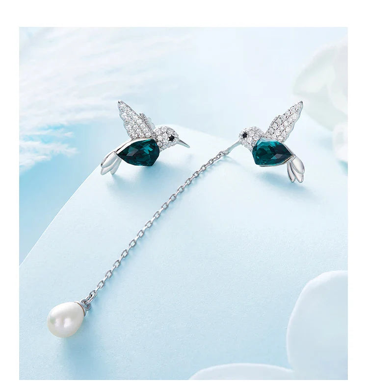 S925 Sterling Silver Hummingbird Freshwater Pearl Earrings Green Austrian Crystals Cute Animal Jewelry Gifts for Women Girls